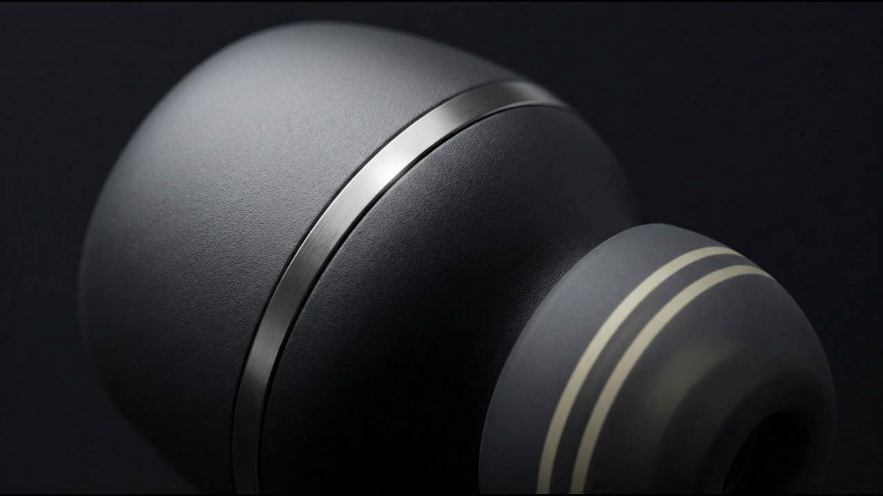 Extreme macro view of the earbud surface, with a soft highlight travelling along its titanium ring.